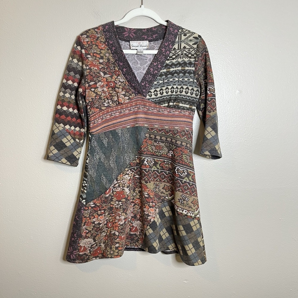 Women Patchwork Micro Dress Tunic Y2K Babydoll Twee‎ S Gilmore Hippie 3/4 Sleeve